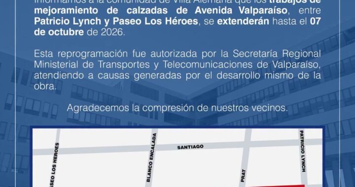 Extienden trabajos de mejoramiento en Avenida Valparaíso hasta octubre